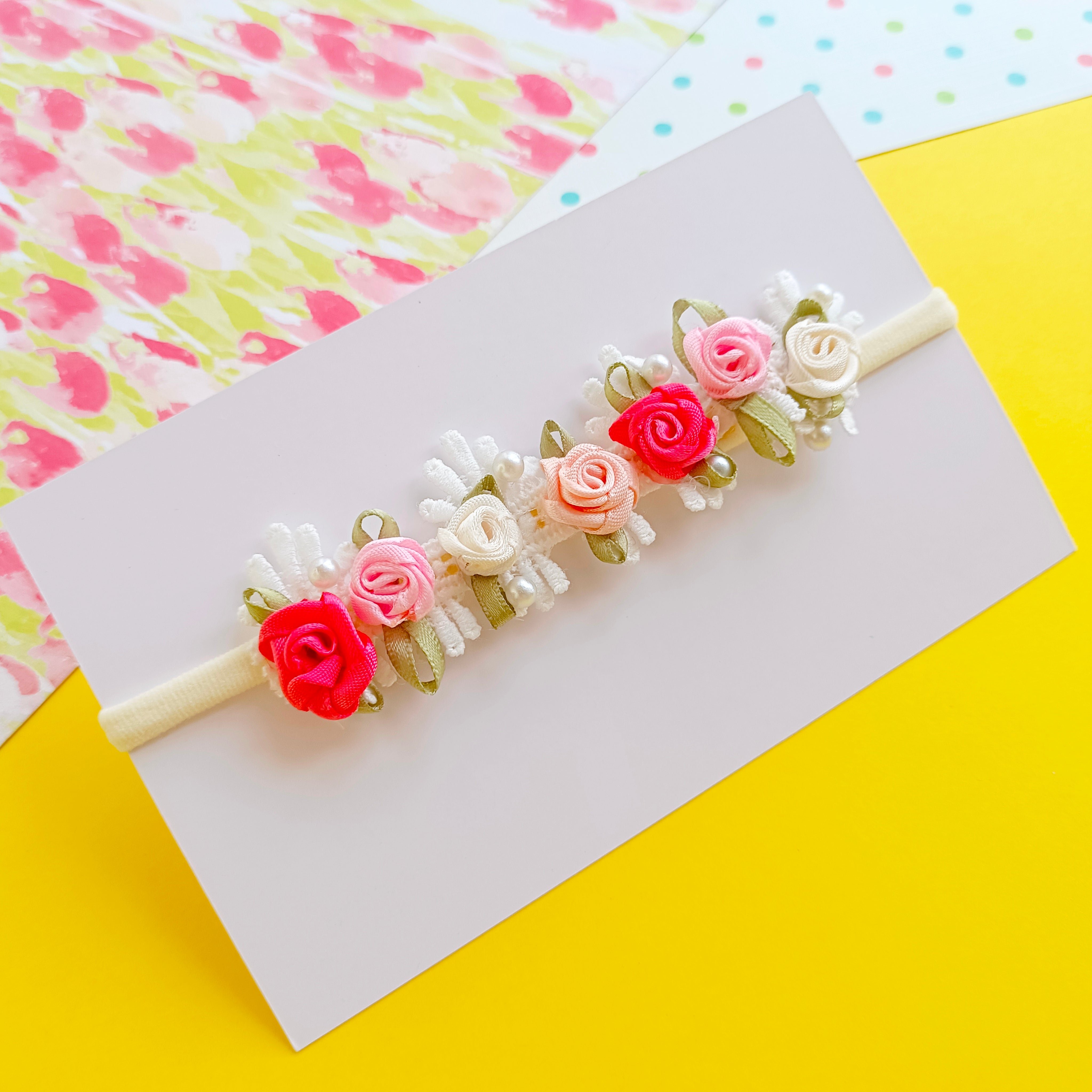 Multicolor Lace with Flowers and Pearls Soft Headband