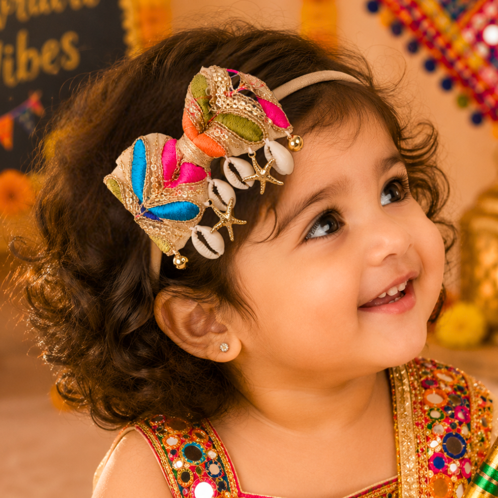 Navratri Golden Soft Headband with Kaudi, Star & Ghungroo