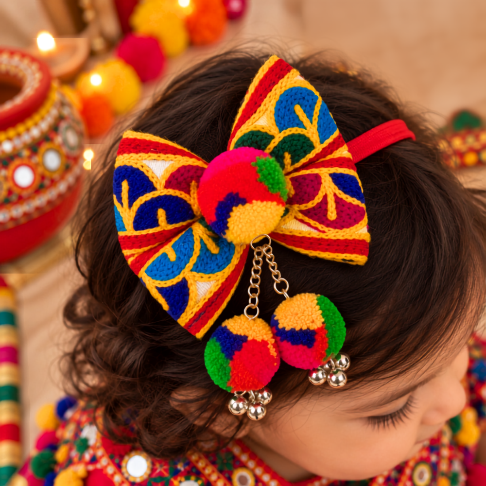 Navratri Embroidery Soft Headband with Dangling Pompom & Ghungroo
