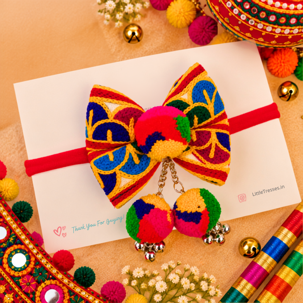 Navratri Embroidery Soft Headband with Dangling Pompom & Ghungroo
