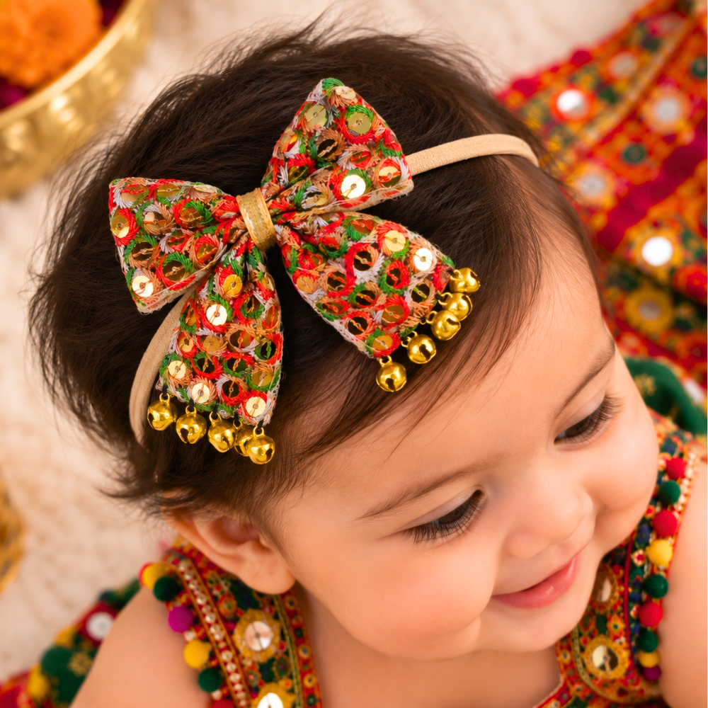 Sitaara Navratri Soft Headband with Dangling Ghunghroo - Orange & Green