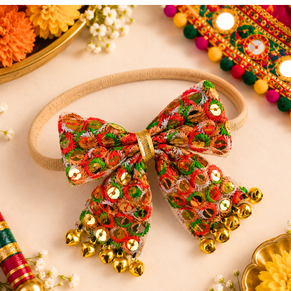 Sitaara Navratri Soft Headband with Dangling Ghunghroo - Orange & Green