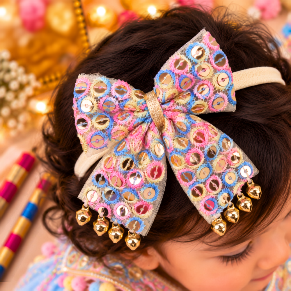 Sitaara Navratri Soft Headband with Dangling Ghunghroo - Pink & Blue