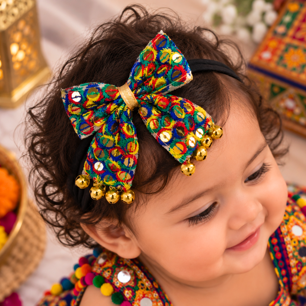 Sitaara Navratri Soft Headband with Dangling Ghunghroo - Red & Blue