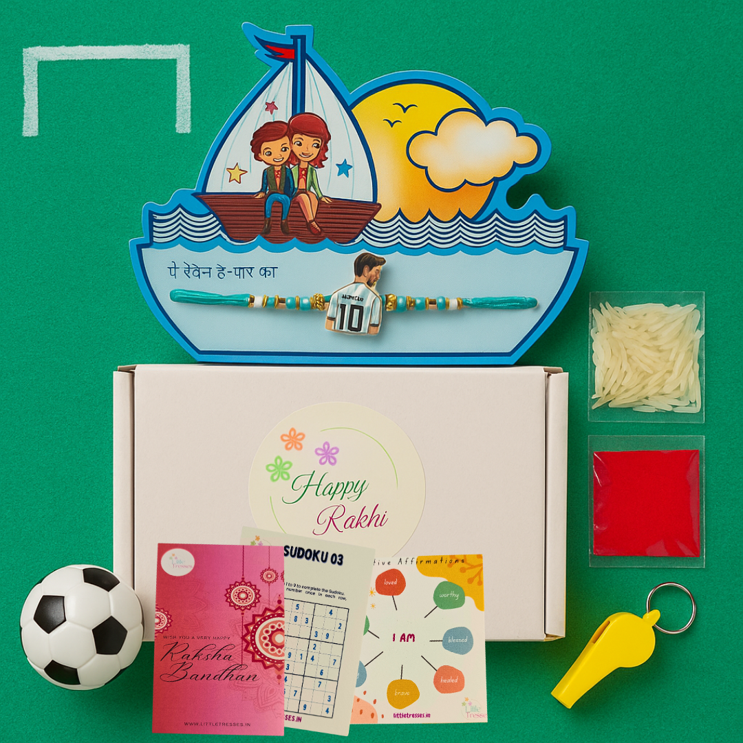 Messi Rakhi for Boys – Football Theme Rakhi with Roli, Rice & Cards
