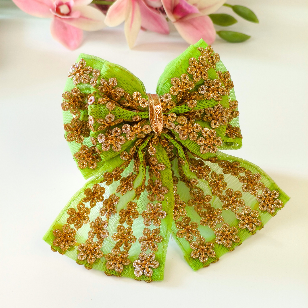 Sitaara Double Layered Big Bow Alligator Clip - Light Green