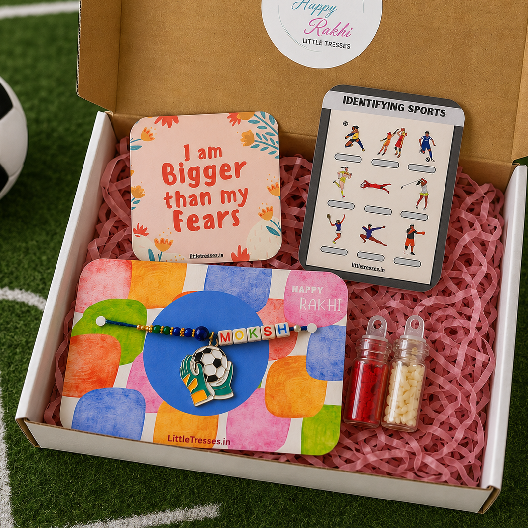 Celebrate Raksha Bandhan with the Little Tresses Personalized Football Enthusiast Bro Rakhi Gift Box. Features a custom name football-themed Rakhi with activity cards, greeting card, roli and rice bottles in a premium gift box.