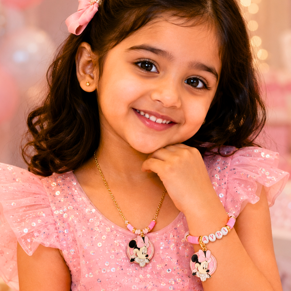 Pink and black personalized charm pendant necklace and adjustable bracelet set for girls aged 3 years and above