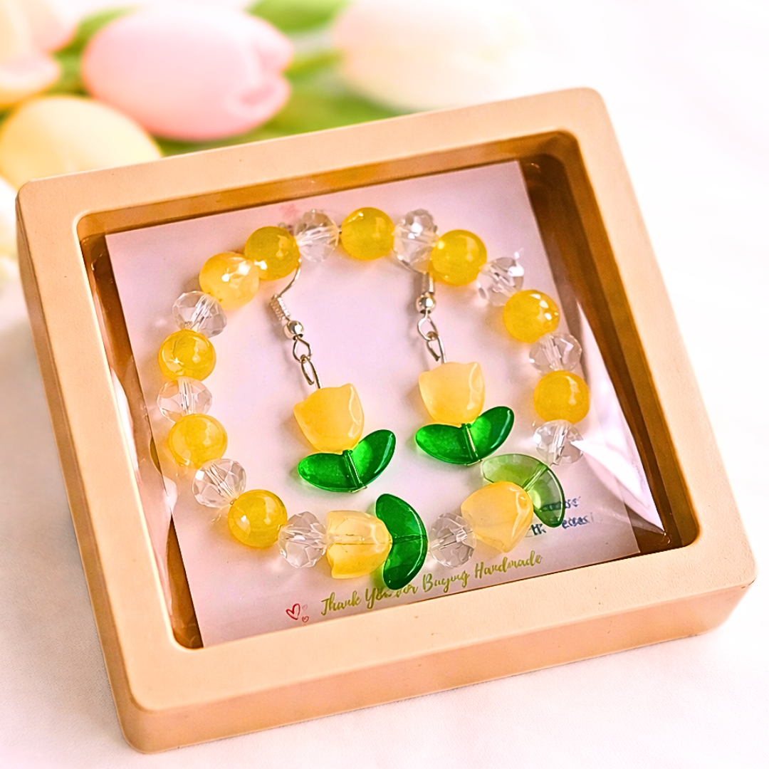 Set of Yellow and green Tulip Flower Bracelet and Earrings in a gift box.