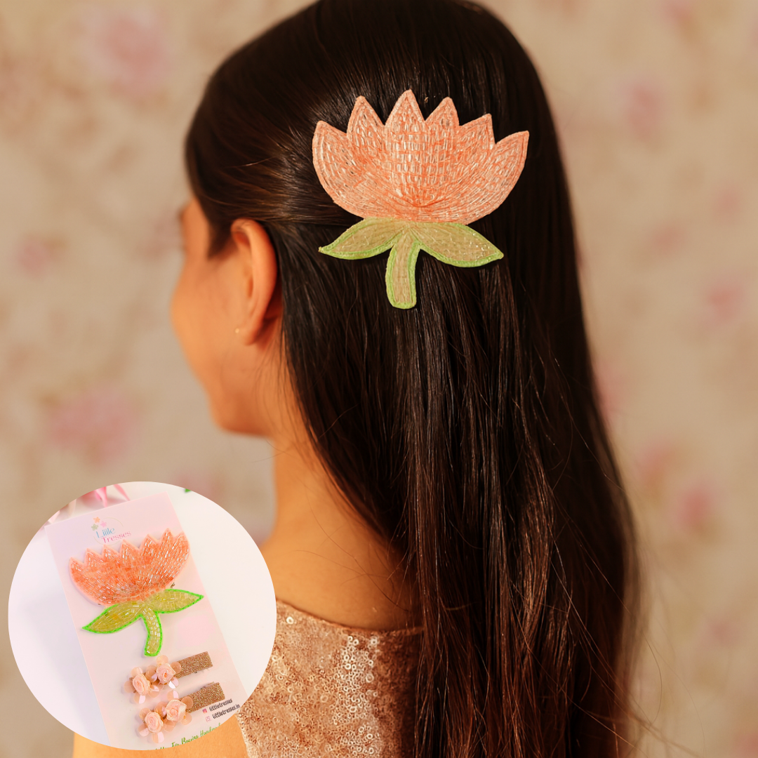 Beaded Peach Lotus & Flower Pair Combo Alligator Clip