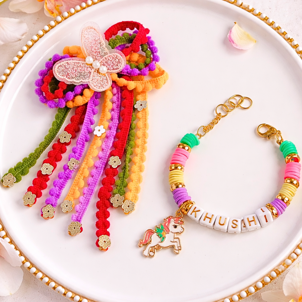 Pom Pom Lace Butterfly Hair Clip & Personalized Unicorn Bracelet Set