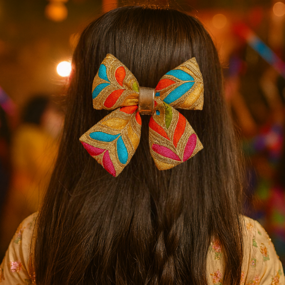 Multicolor Embroidery Piggy Tail Bow Alligator Clip