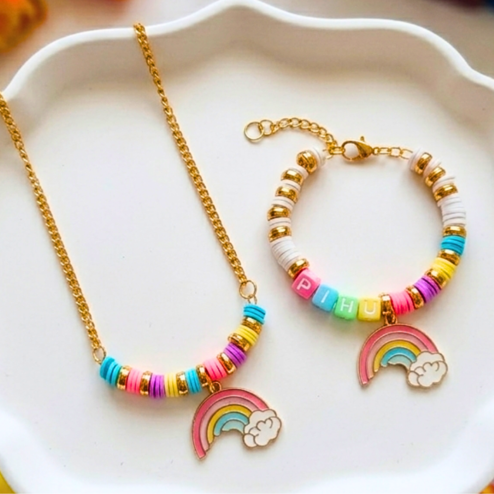 Personalised Rainbow & Cloud Charm Bracelet with Pendant Set
