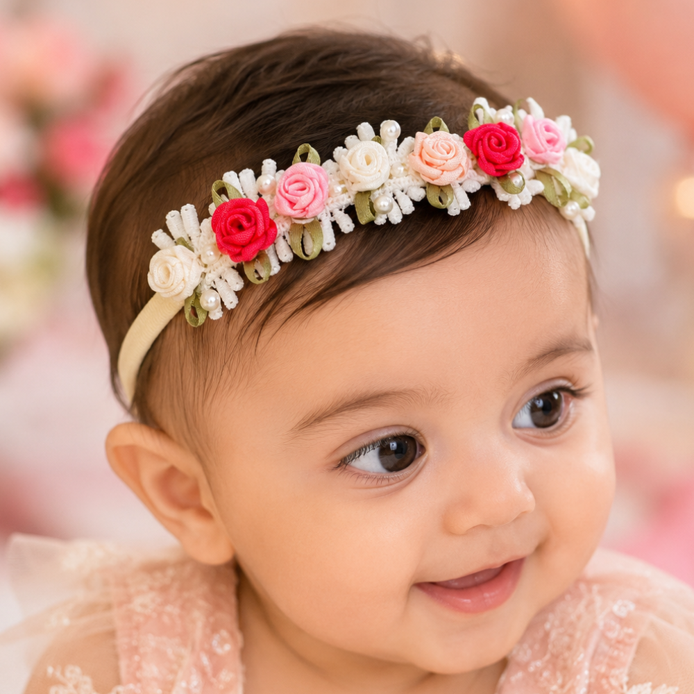 Multicolor Lace with Flowers and Pearls Soft Headband