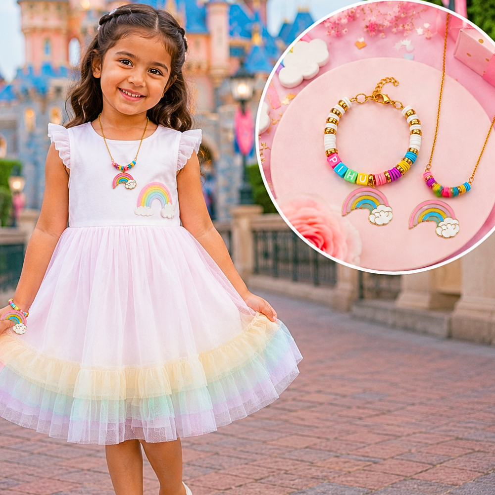 Personalised Rainbow & Cloud Charm Bracelet with Pendant Set