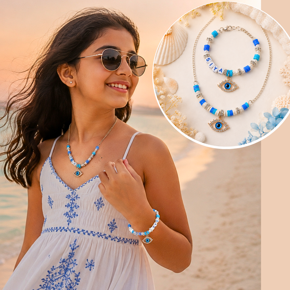 Personalized Big Evil Eye Charms Pendant & Adjustable Bracelet