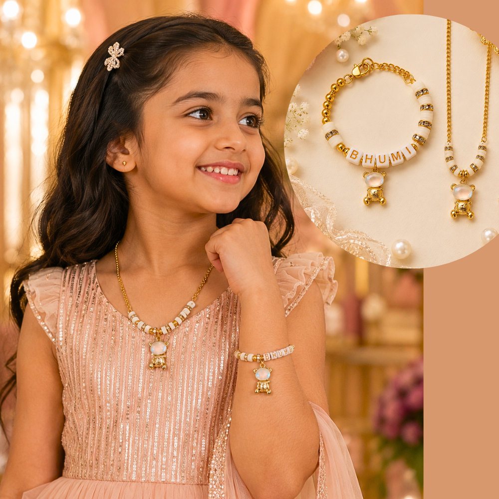 Personalised Name Teddy Bear Charm Bracelet & Pendant Set – Gold & Cream