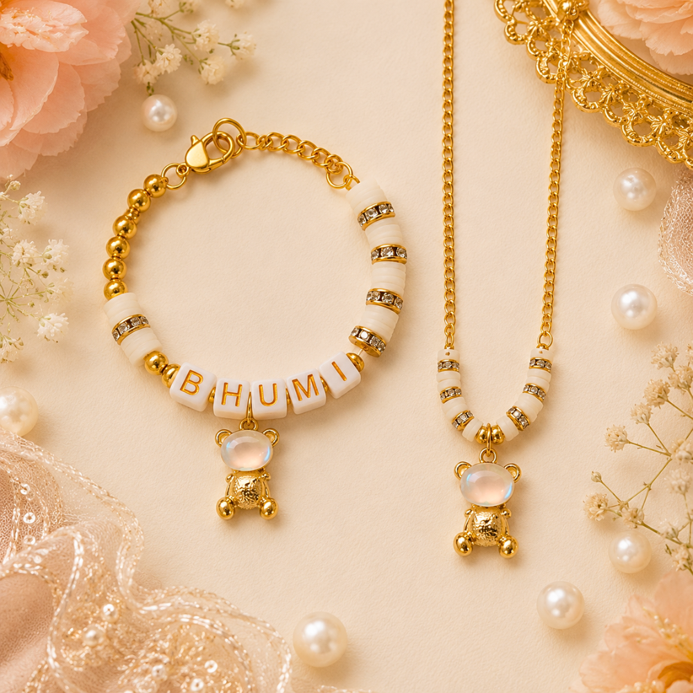 Personalised Name Teddy Bear Charm Bracelet & Pendant Set – Gold & Cream