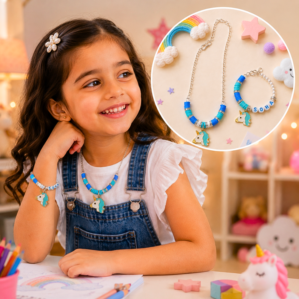 Blue & White Unicorn Personalized Pendant & Bracelet Set