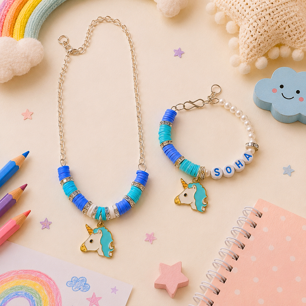 Blue & White Unicorn Personalized Pendant & Bracelet Set