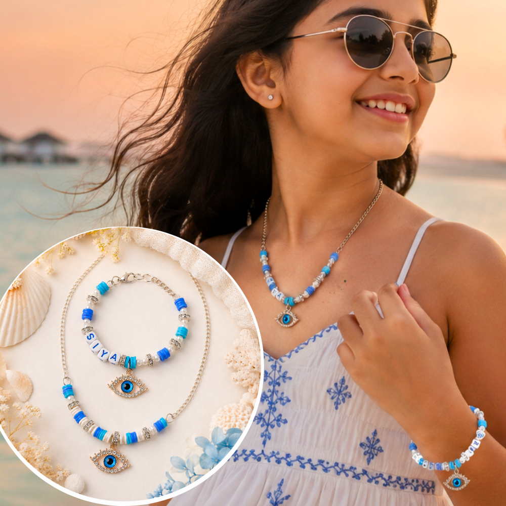 Personalized Big Evil Eye Charms Pendant & Adjustable Bracelet