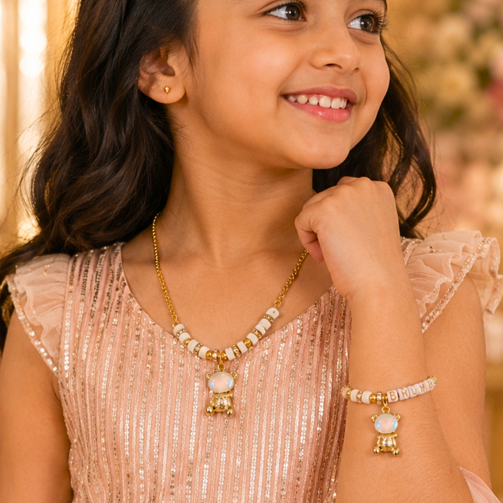 Personalised Name Teddy Bear Charm Bracelet & Pendant Set – Gold & Cream