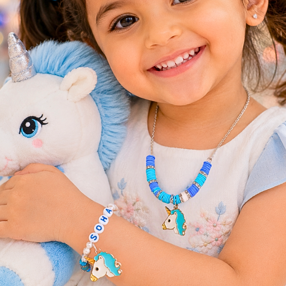 Blue & White Unicorn Personalized Pendant & Bracelet Set