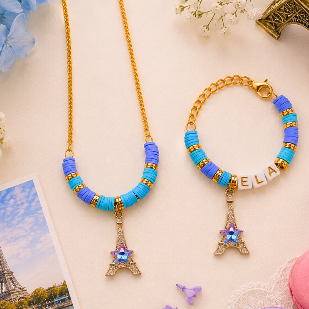 Personalized Blue Eiffel Tower Necklace & Adjustable Name Bracelet Set