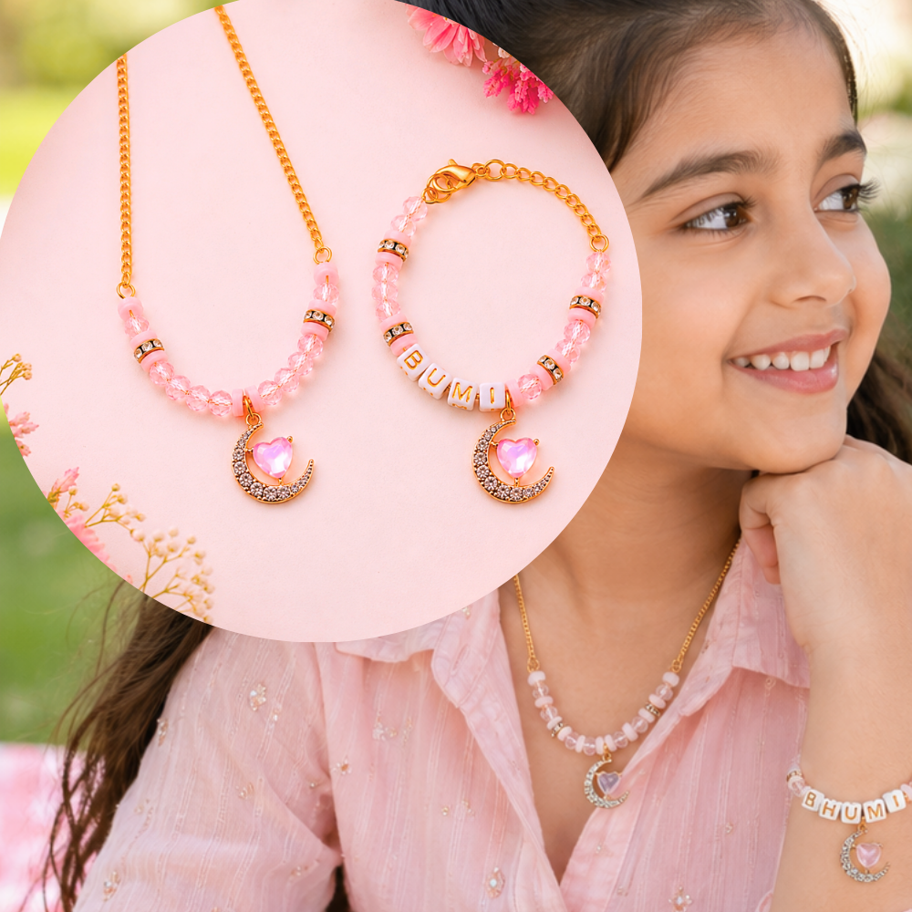 Personalized Heart & Crescent Necklace & Adjustable Name Bracelet Set