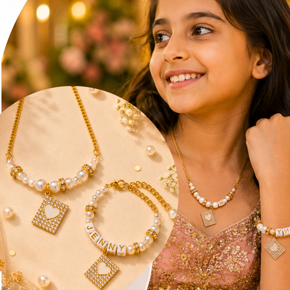 Personalized Bling Heart Necklace & Adjustable Name Bracelet Set