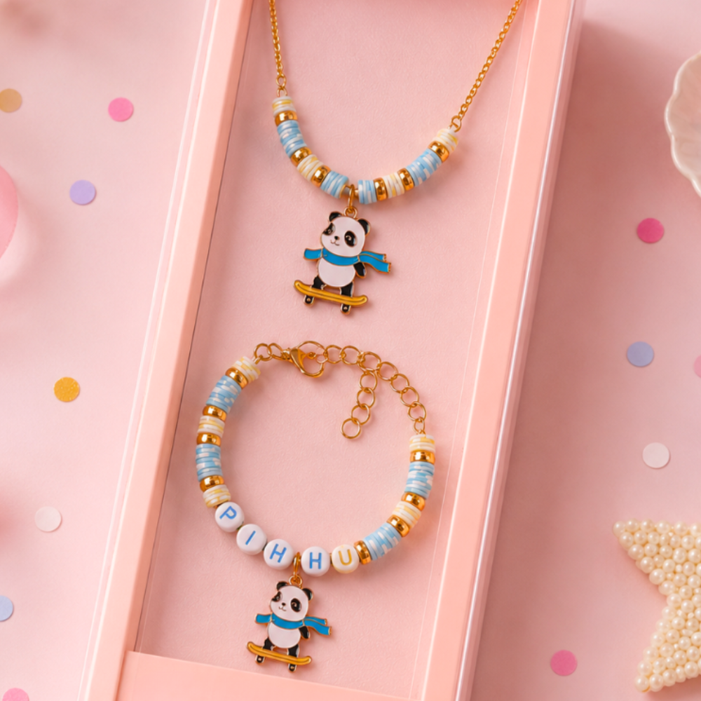 Personalized Panda Skater Necklace & Adjustable Name Bracelet Set