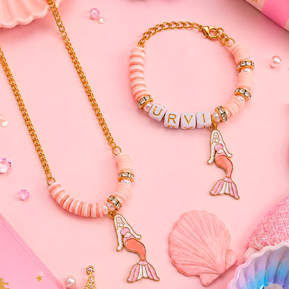 Personalized Peach Mermaid Necklace & Adjustable Name Bracelet Set