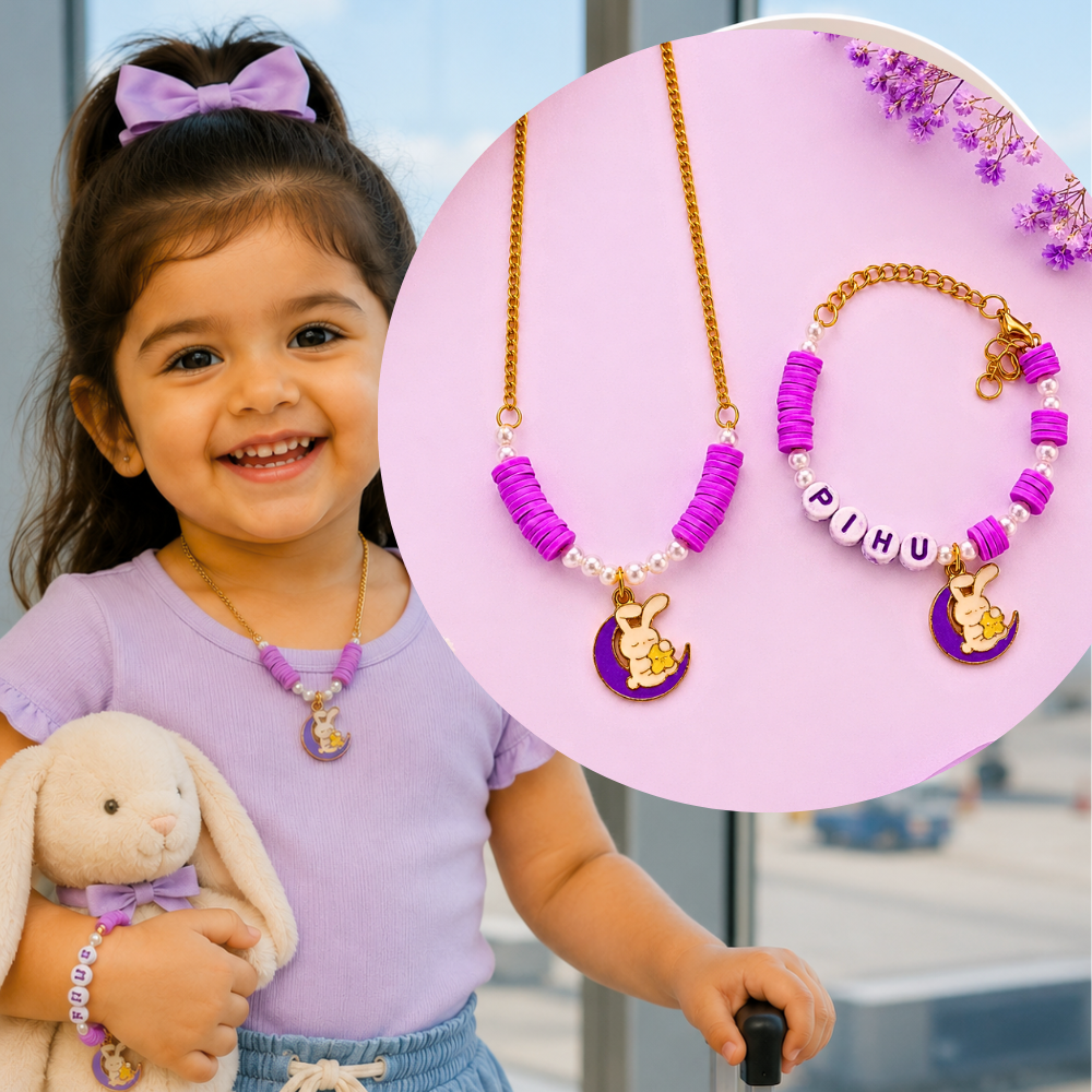 Personalized Bunny Moon Necklace & Adjustable Name Bracelet Set - Purple