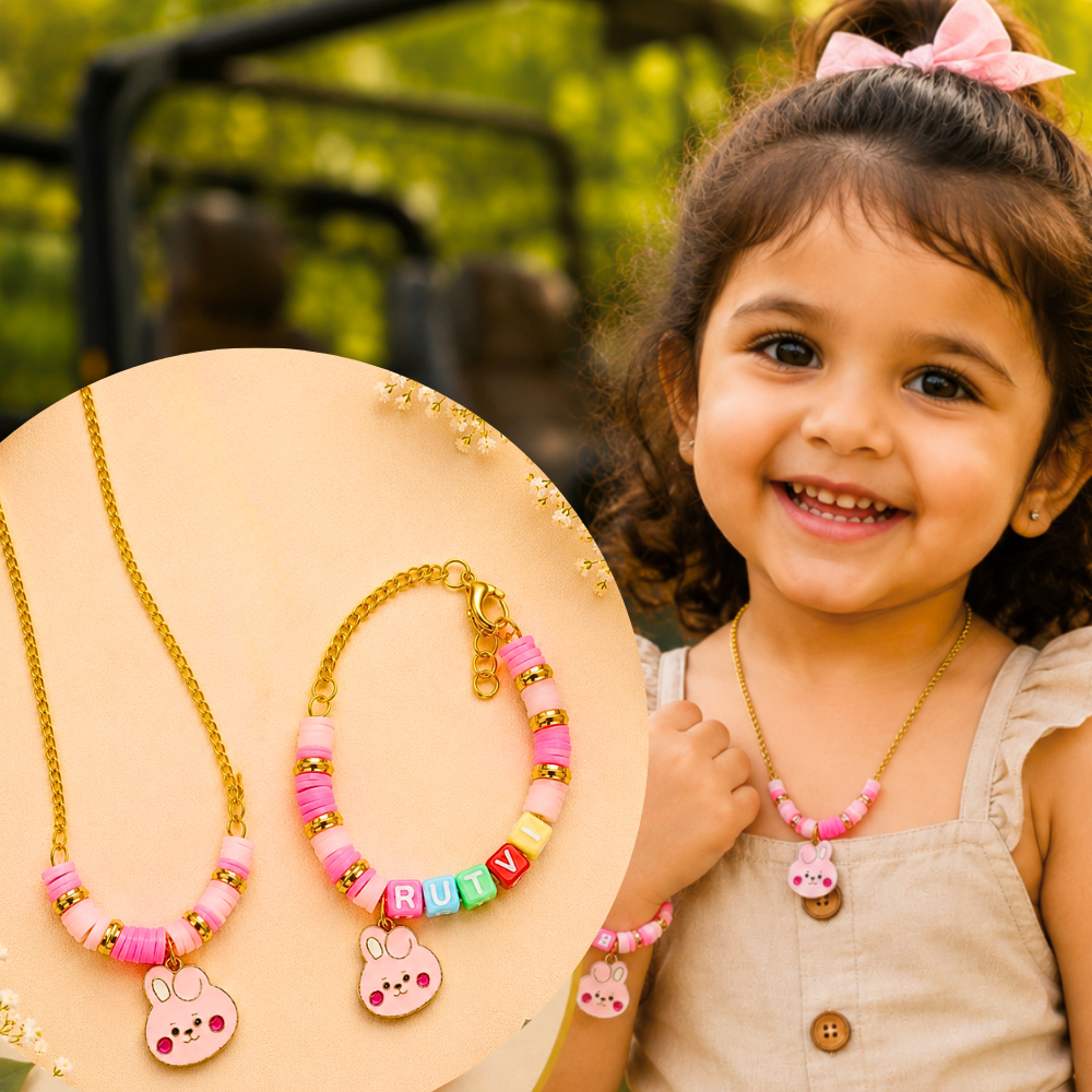 Personalized Bunny Necklace & Adjustable Name Bracelet Set