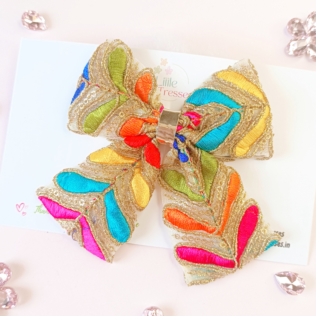 Embroidery Piggy Tail Bow Alligator Clip - Multicolor