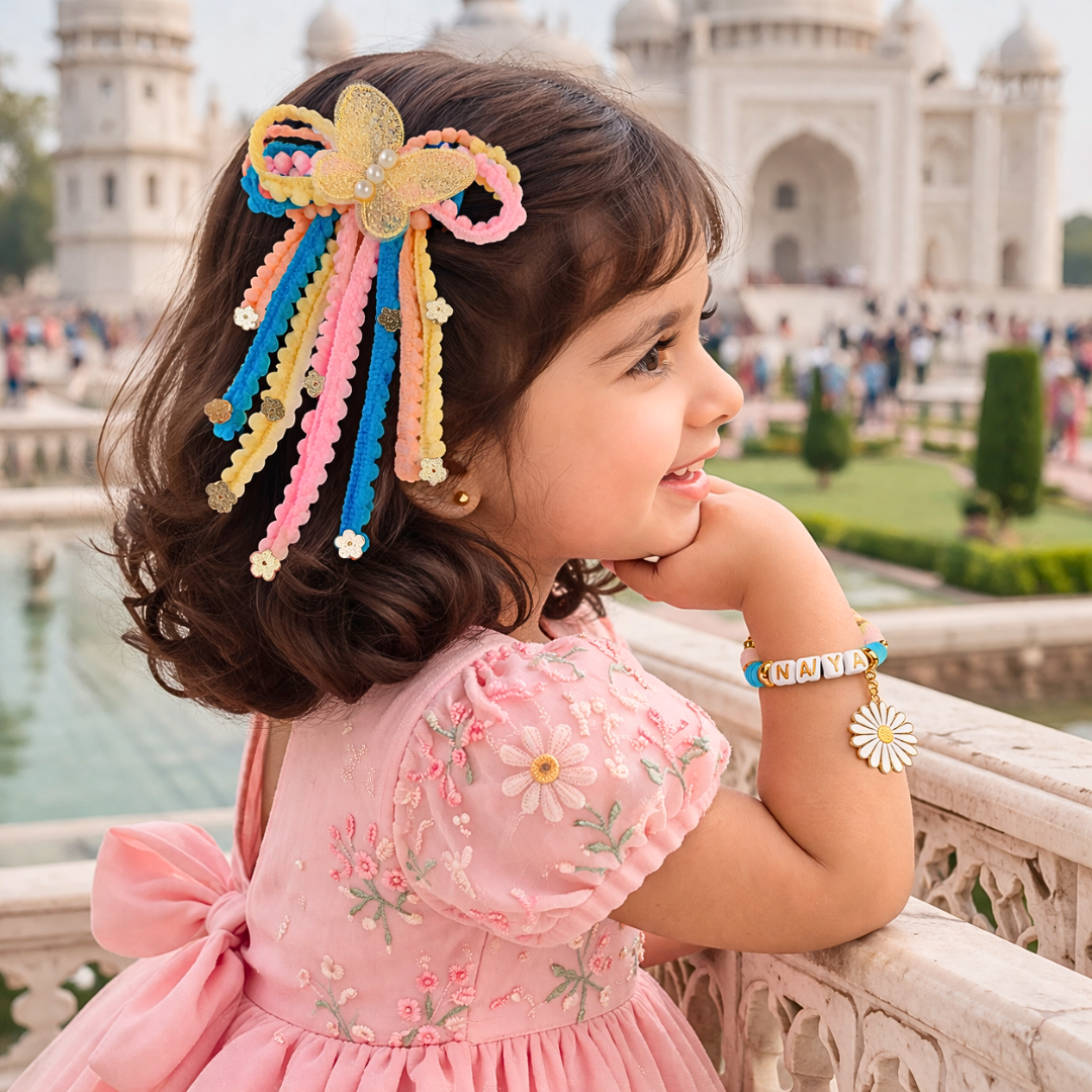 Pom Pom Lace Butterfly Hair Clip & Personalized Flower Bracelet Set