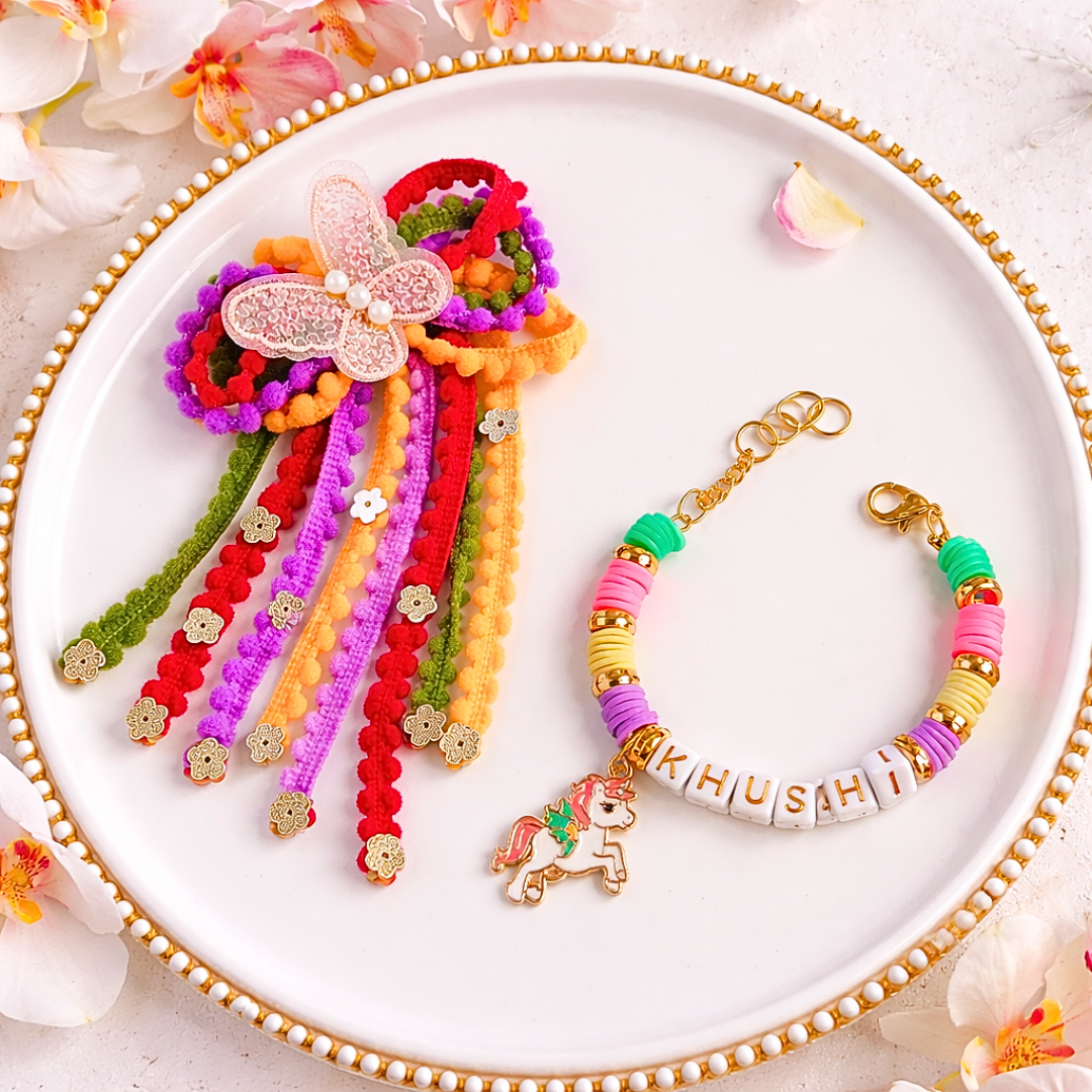 Pom Pom Lace Butterfly Hair Clip & Personalized Unicorn Bracelet Set