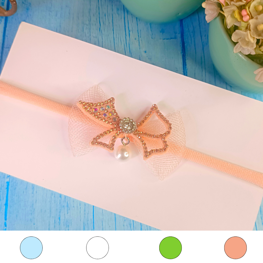 Net Bow with a Pearl Soft Headband - Peach