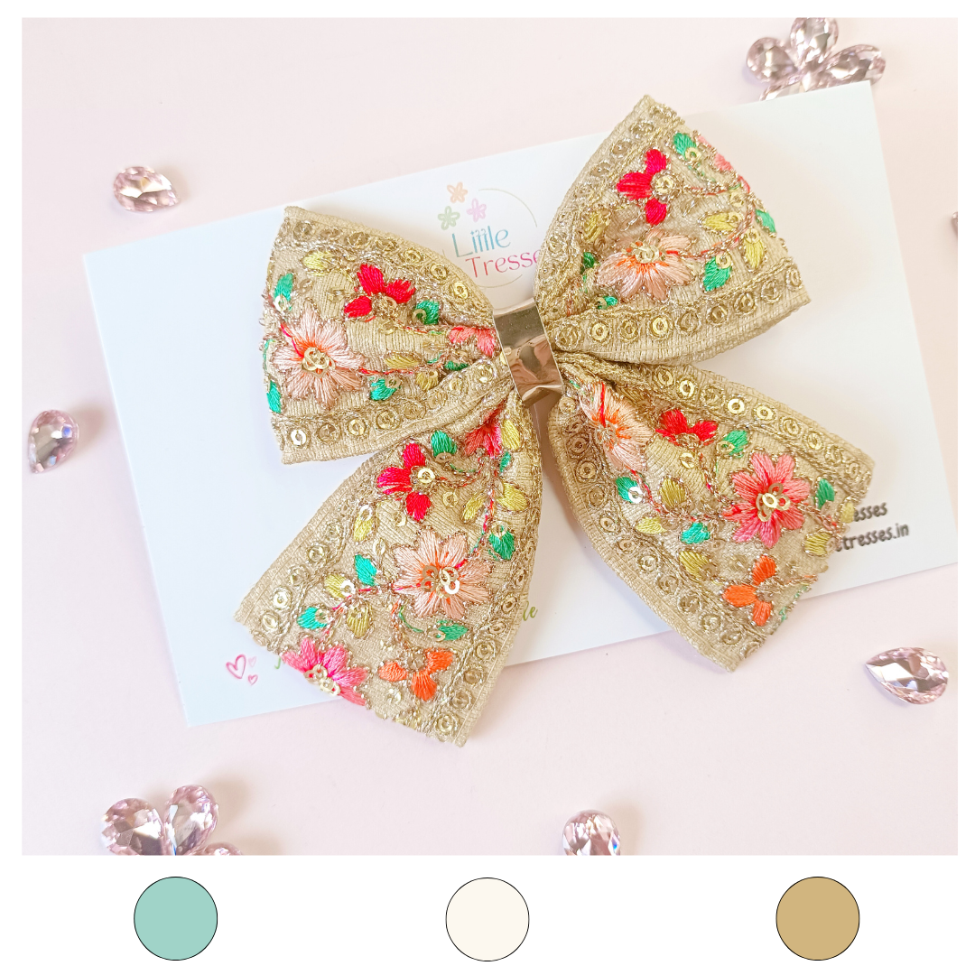 Embroidery Piggy Tail Bow Alligator Clip - 3 Colors