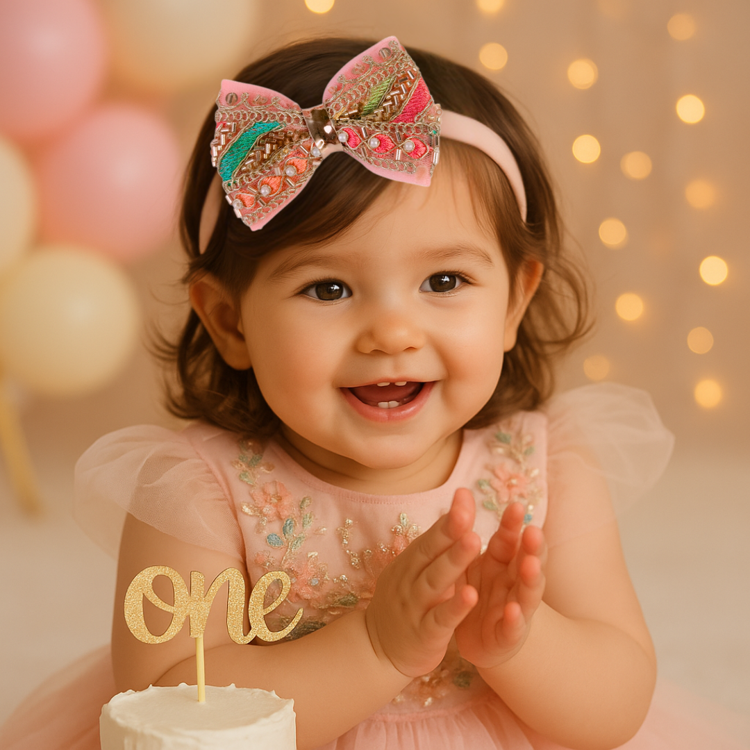 Embroidered peach and gold beaded bow on soft baby headband for newborns to toddlers.