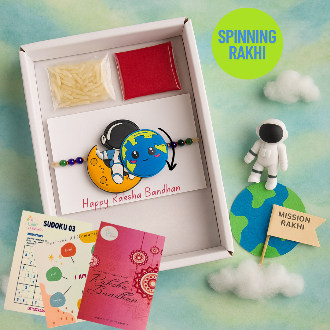 Astronaut Rakhi for Kids with Spinning Earth – Rakhi Gift Box with Roli, Rice & Card Games