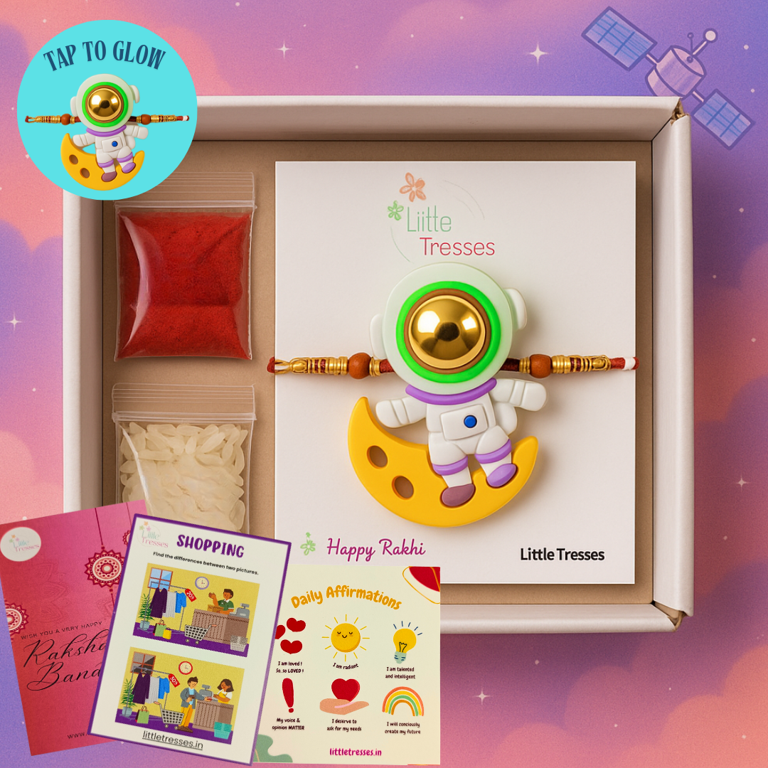 Astronaut Rakhi for Kids with Colorful Lights – Rakhi Gift Box with Roli, Rice & Game Cards