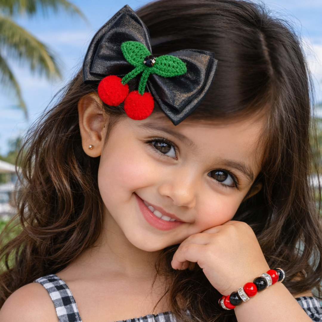 Baby girl hair clips with cherry design double layer bow premium look