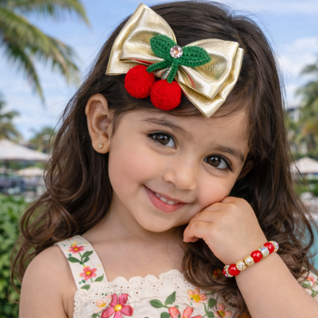 Handmade cherry crochet bow alligator clip for baby girl golden color