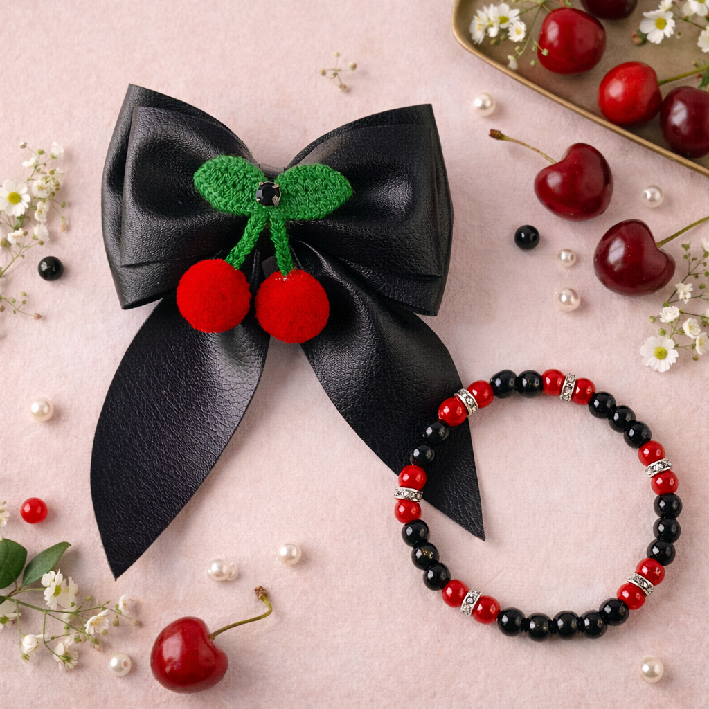 Cherry crochet piggytail bow hair clips for girls with matching bracelet in black