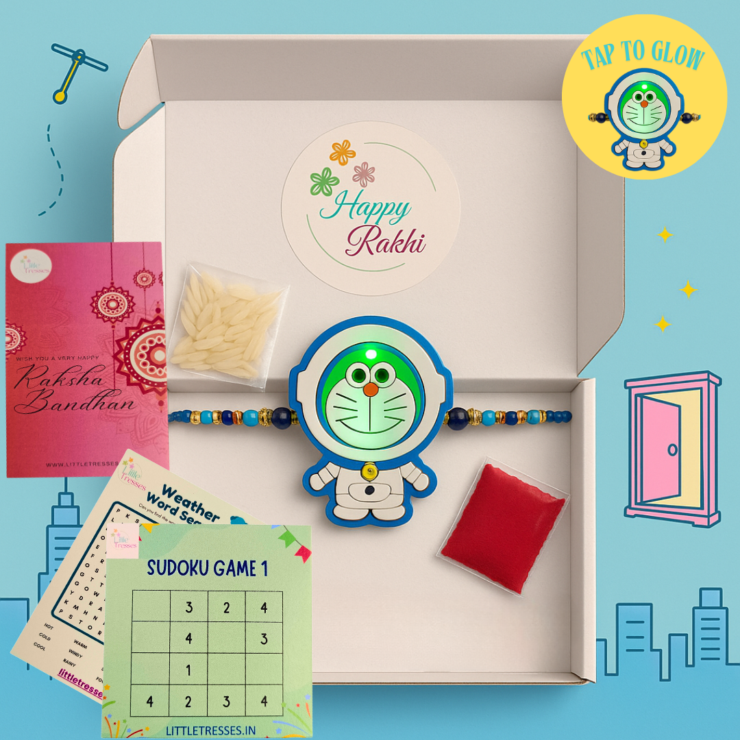 Doraemon Rakhi for Kids – Light-Up Rakhi Gift Box with Roli, Rice & Activity Cards
