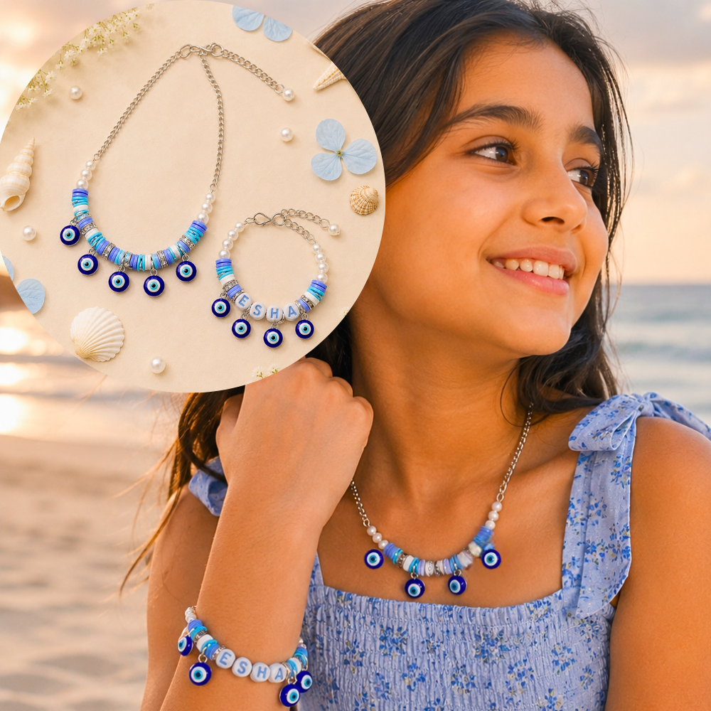 Personalized Evil Eye necklace and name bracelet set for girls