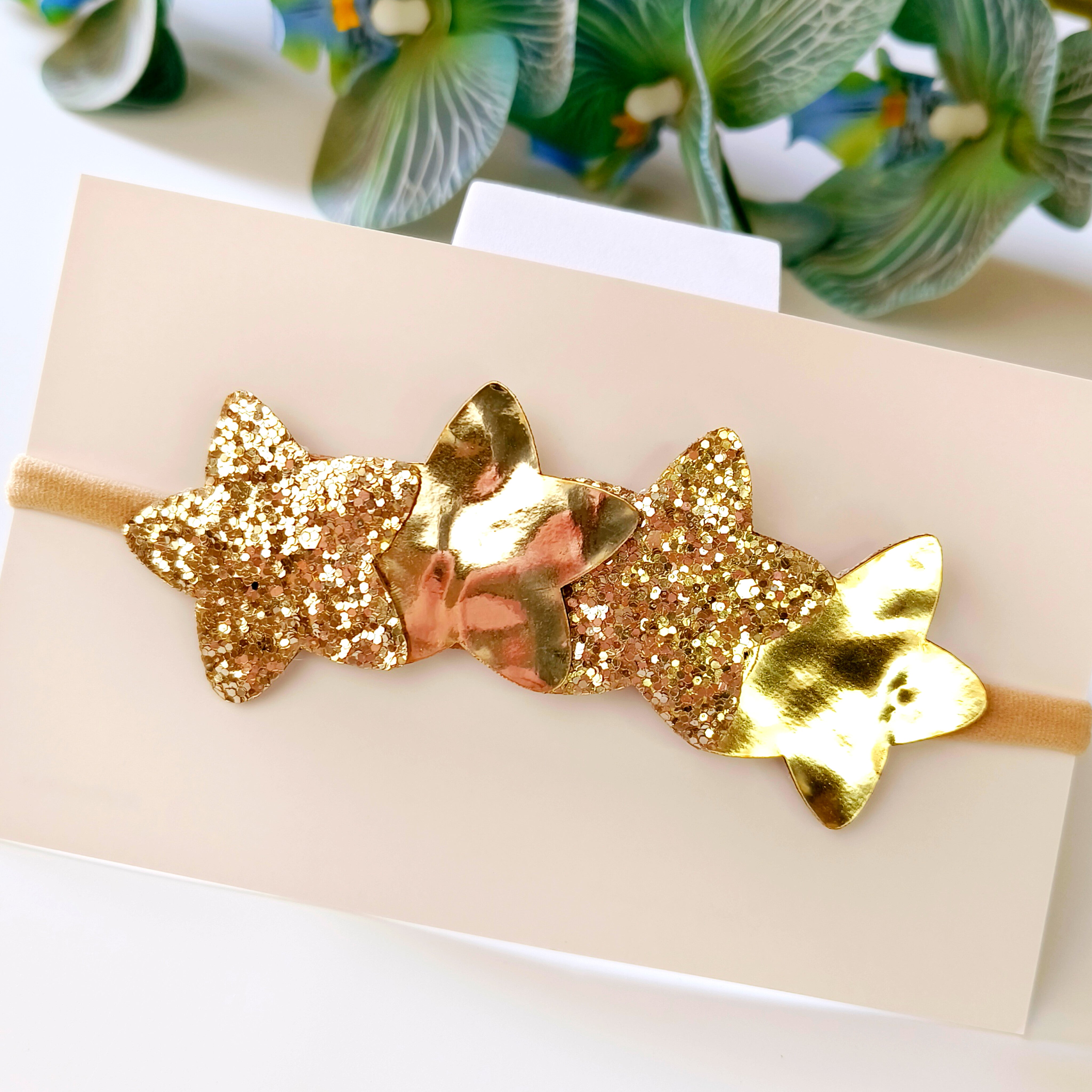 Golden 4-Star Soft Headband for kids, glittery festival and birthday hair accessory