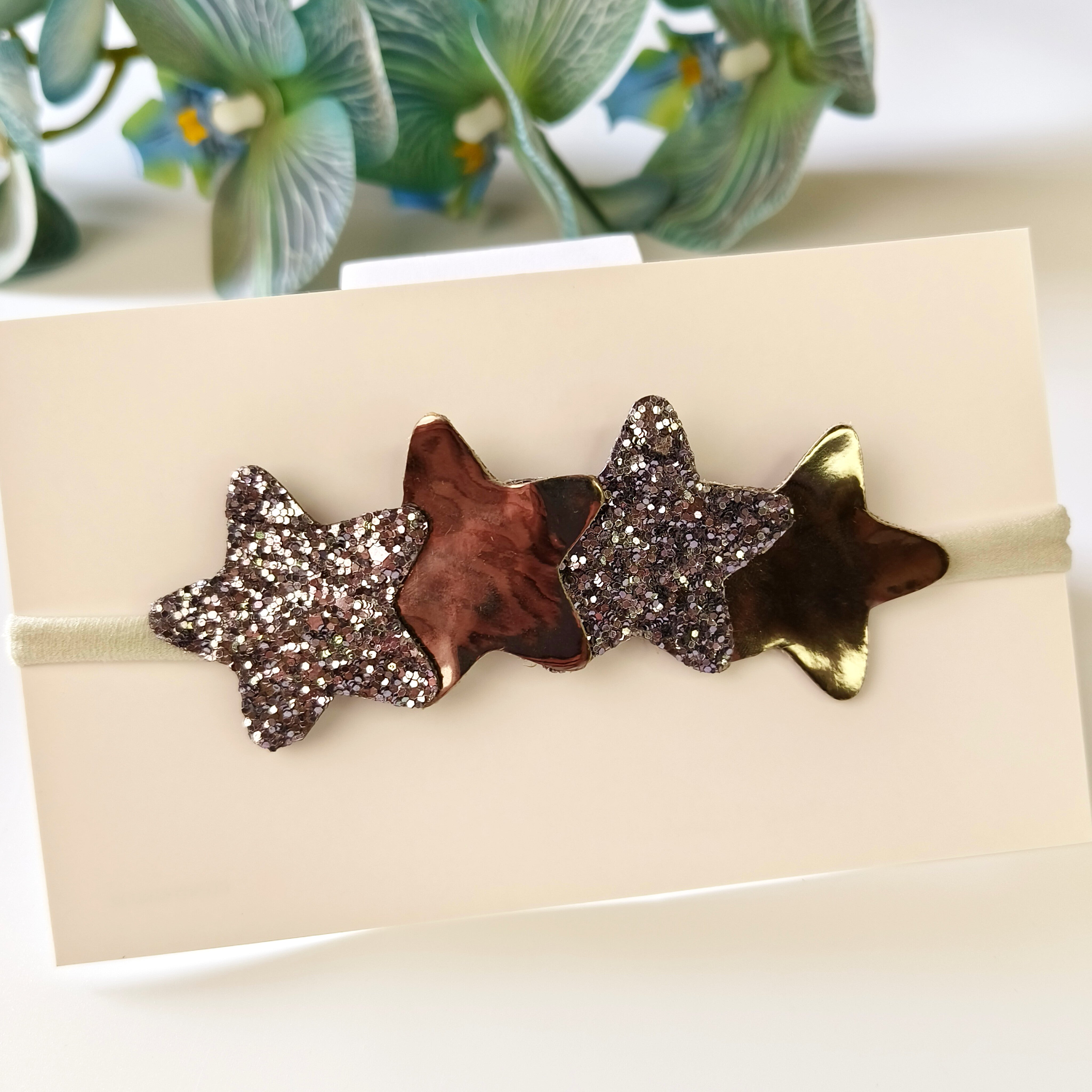 Grey 4-Star Soft Headband for toddlers, modern neutral baby girl accessory