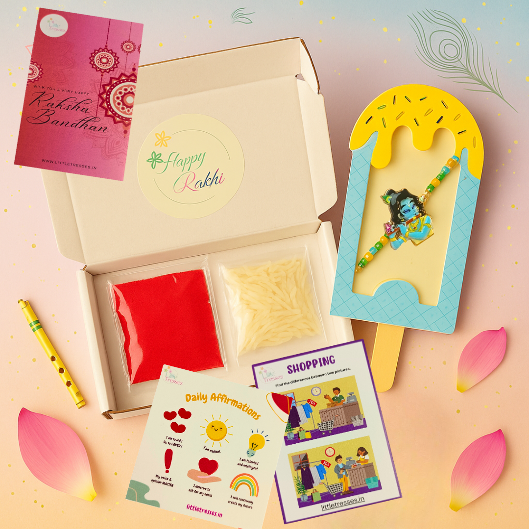 Krishna Flute Rakhi for Boys – Ice Cream Card with Roli, Rice & Game Cards in Gift Box